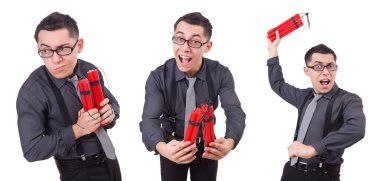 Dinamiti olan bir iş adamı beyazda izole edilmiş.