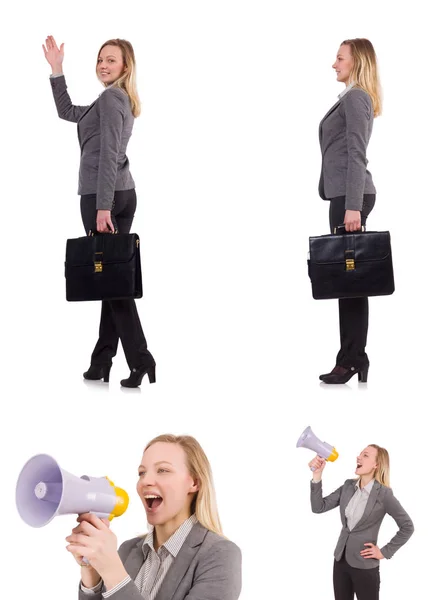 Businesswoman with bullhorn isolated on white — Stock Photo, Image