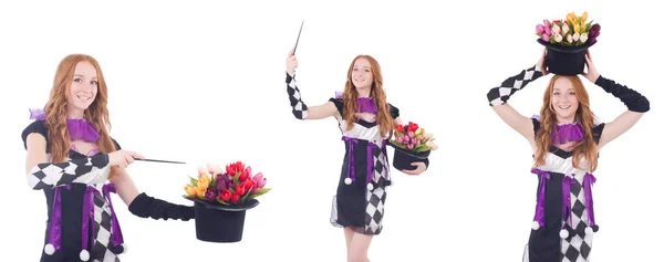 Magician woman with flowers on white — Stock Photo, Image