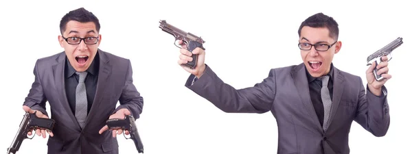 Divertido hombre de negocios con pistola en blanco — Foto de Stock