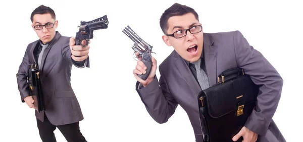 Vtipný obchodník s pistolí na bílém — Stock fotografie