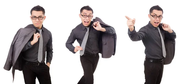 Hombre joven en traje gris aislado en blanco —  Fotos de Stock