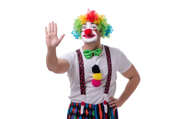 Rolig clown agerar dumt isolerad på vit bakgrund — Stockfoto