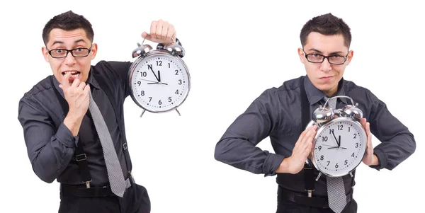 Komik işadamı ile üzerine beyaz izole saat — Stok fotoğraf