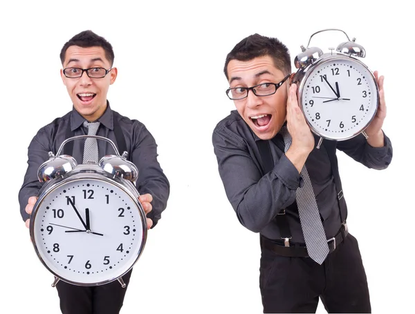 Αστεία επιχειρηματίας με το ρολόι που απομονώνονται σε λευκό — Φωτογραφία Αρχείου