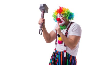 Beyaz arka planda çekici olan komik bir palyaço.