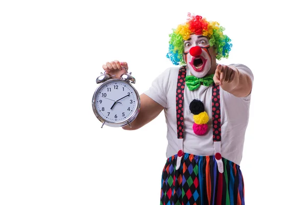 Buffo clown con sveglia isolata su sfondo bianco — Foto Stock