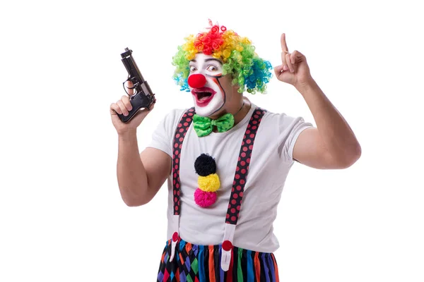 Śmieszny klaun z pistoletem odizolowanym na białym tle — Zdjęcie stockowe