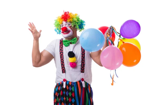 Смешной клоун с воздушными шарами на белом фоне — стоковое фото