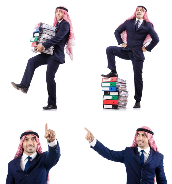 Arab businessman with many folders on white — Stock Photo, Image