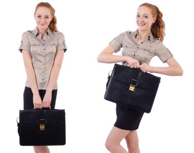 Genç ve güzel çalışan beyaz izole evrak çantası ile