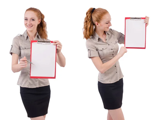 Pretty young employee with paper isolated on white — Stock Photo, Image