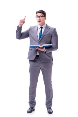 Beyaz arka planda izole edilmiş bir kitap okuyan işadamı öğrencisi