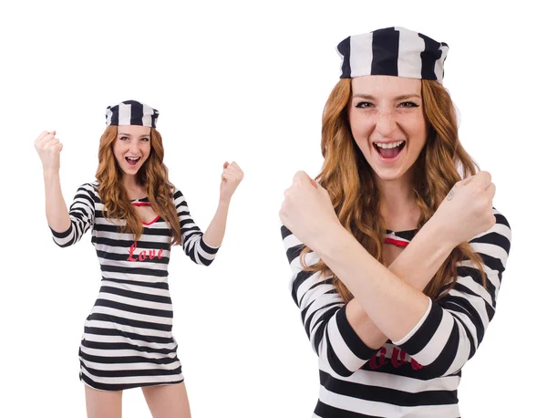 Pretty girl in prisoner uniform isolated on white — Stock Photo, Image