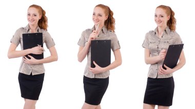 Genç ve güzel çalışan beyaz izole evrak çantası ile