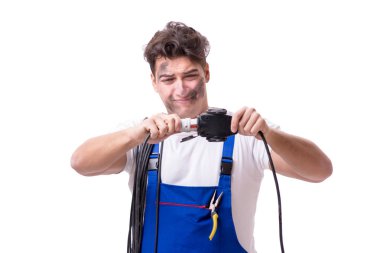 Beyaz üzerine izole komik elektrikçi