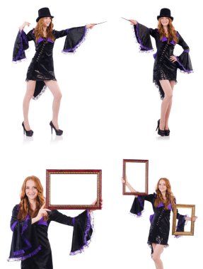 Güzel kız mor karnaval giyim ve üzerinde beyaz izole şapka