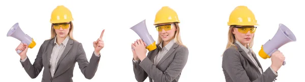 Engenheira feminina em capacete com alto-falante isolado em branco — Fotografia de Stock