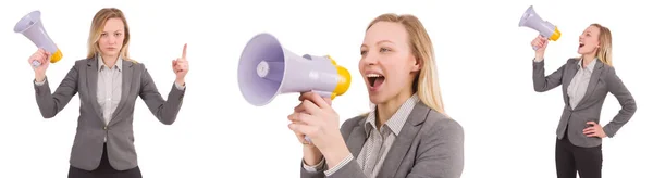 Businesswoman with bullhorn isolated on white — Stock Photo, Image