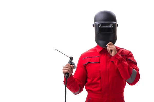 Young repairman with a welding gun electrode and a helmet isolat — Stock Photo, Image