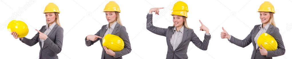 Businesswoman in gray suit and safety helmet isolated on white