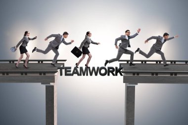 Teamwork concept with business people crossing bridge clipart