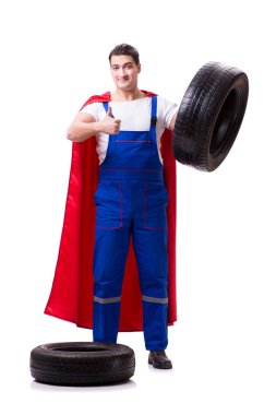 Lastik izole edilmiş beyaz arka planı olan süper kahraman.