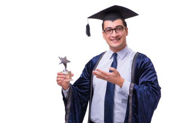 Mezun olan genç bir öğrenci beyazlar içinde.