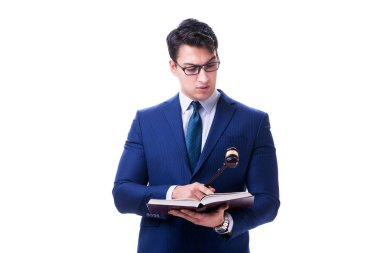 Beyaz arka planda tokmağı olan avukat hukuk öğrencisi.
