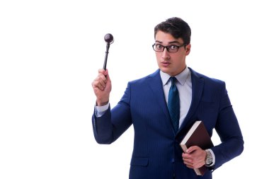 Beyaz arka planda tokmağı olan avukat hukuk öğrencisi.