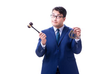 Beyaz arka planda tokmağı olan avukat hukuk öğrencisi.