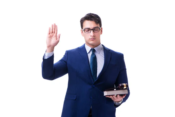 Avocat étudiant en droit avec un marteau isolé sur fond blanc — Photo