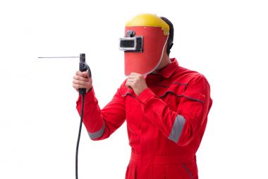 Bir kaynak silah elektrot ve kask isolat ile genç tamirci