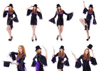 Güzel kız mor karnaval giyim ve üzerinde beyaz izole şapka