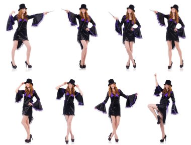 Güzel kız mor karnaval giyim ve üzerinde beyaz izole şapka