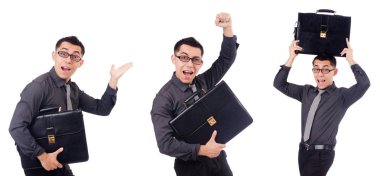 Genç adam beyaz izole evrak çantası elinde