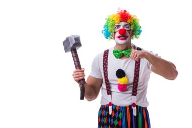 Beyaz arka planda çekici olan komik bir palyaço.