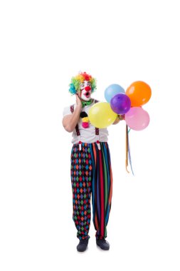 Beyaz arka planda balonları olan komik bir palyaço.