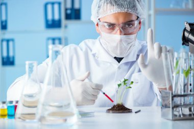Erkek bilim adamı bir laboratuarda deney yapıyor.