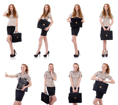 Genç ve güzel çalışan beyaz izole evrak çantası ile