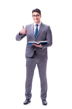 Beyaz arka planda izole edilmiş bir kitap okuyan işadamı öğrencisi