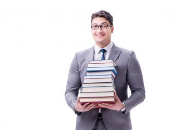 Elinde kitap yığınları taşıyan iş adamı öğrenci.