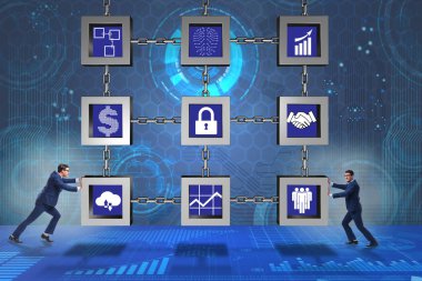 Engelleme zinciri kripto para birimi kavramında iş adamı