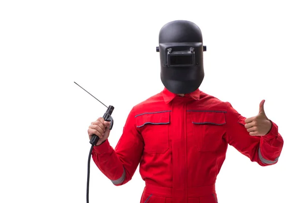 Jovem reparador com um eletrodo de pistola de solda e um capacete isolado — Fotografia de Stock