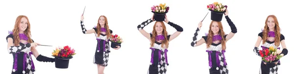 Magician woman with flowers on white — Stock Photo, Image