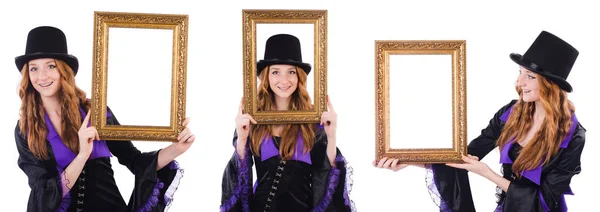 Woman with picture frame on white — Stock Photo, Image