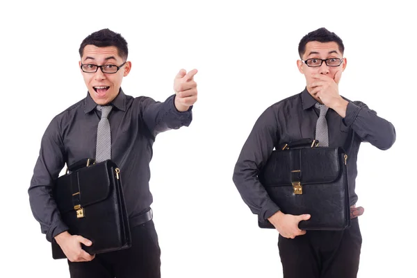 Young man holding briefcase isolated on white — Stock Photo, Image