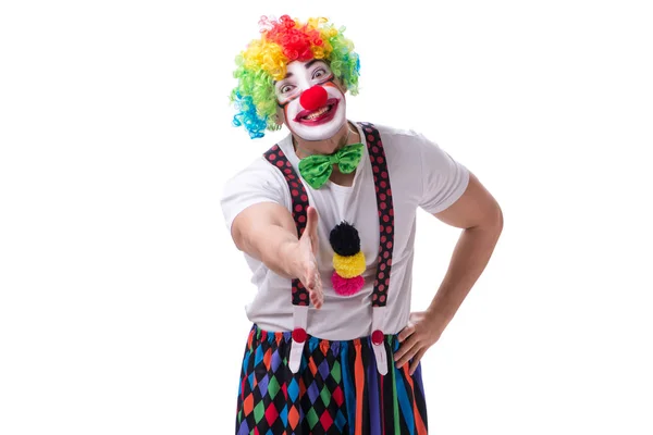 Buffo clown agire sciocco isolato su sfondo bianco — Foto Stock