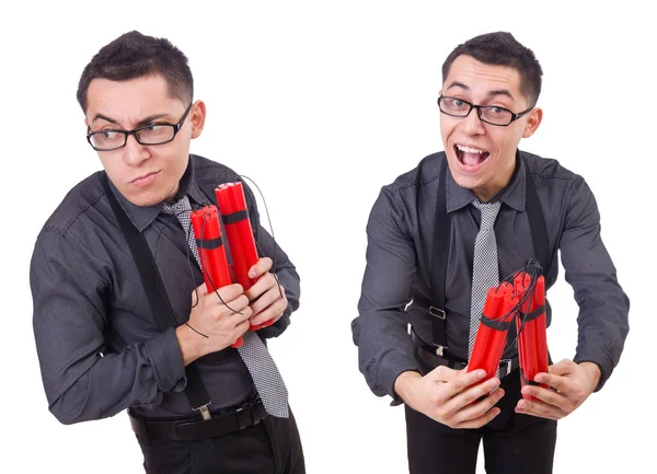 Dinamiti olan bir iş adamı beyazda izole edilmiş.