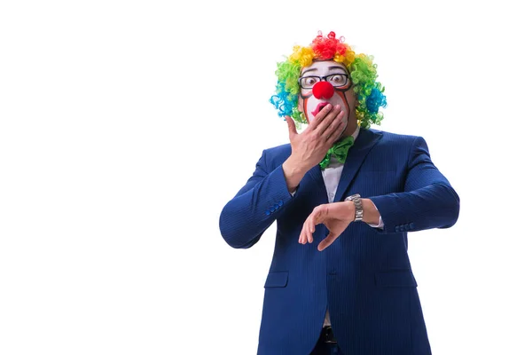 Buffo clown uomo d'affari isolato su sfondo bianco — Foto Stock